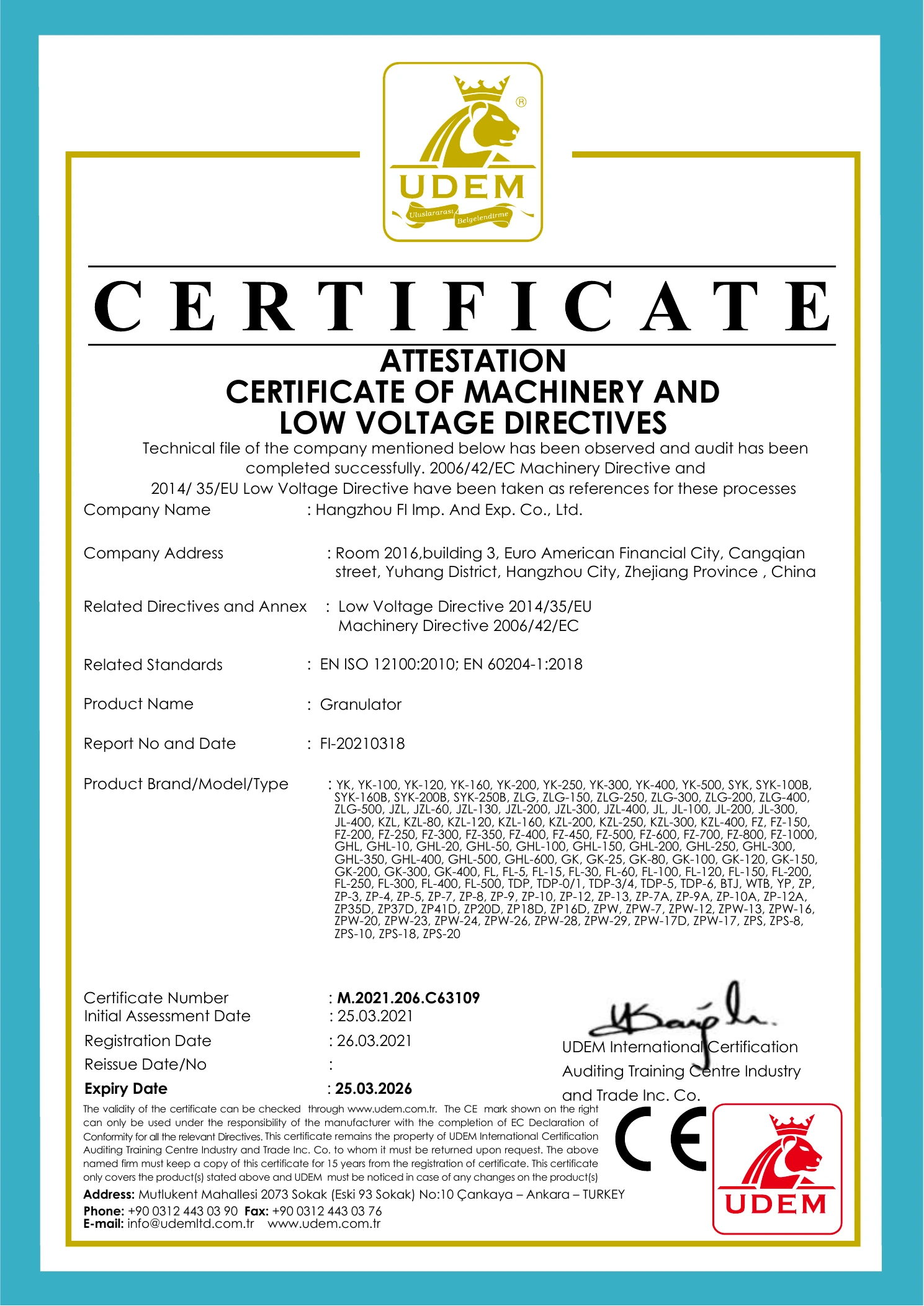 CE certificate for granulator machinery