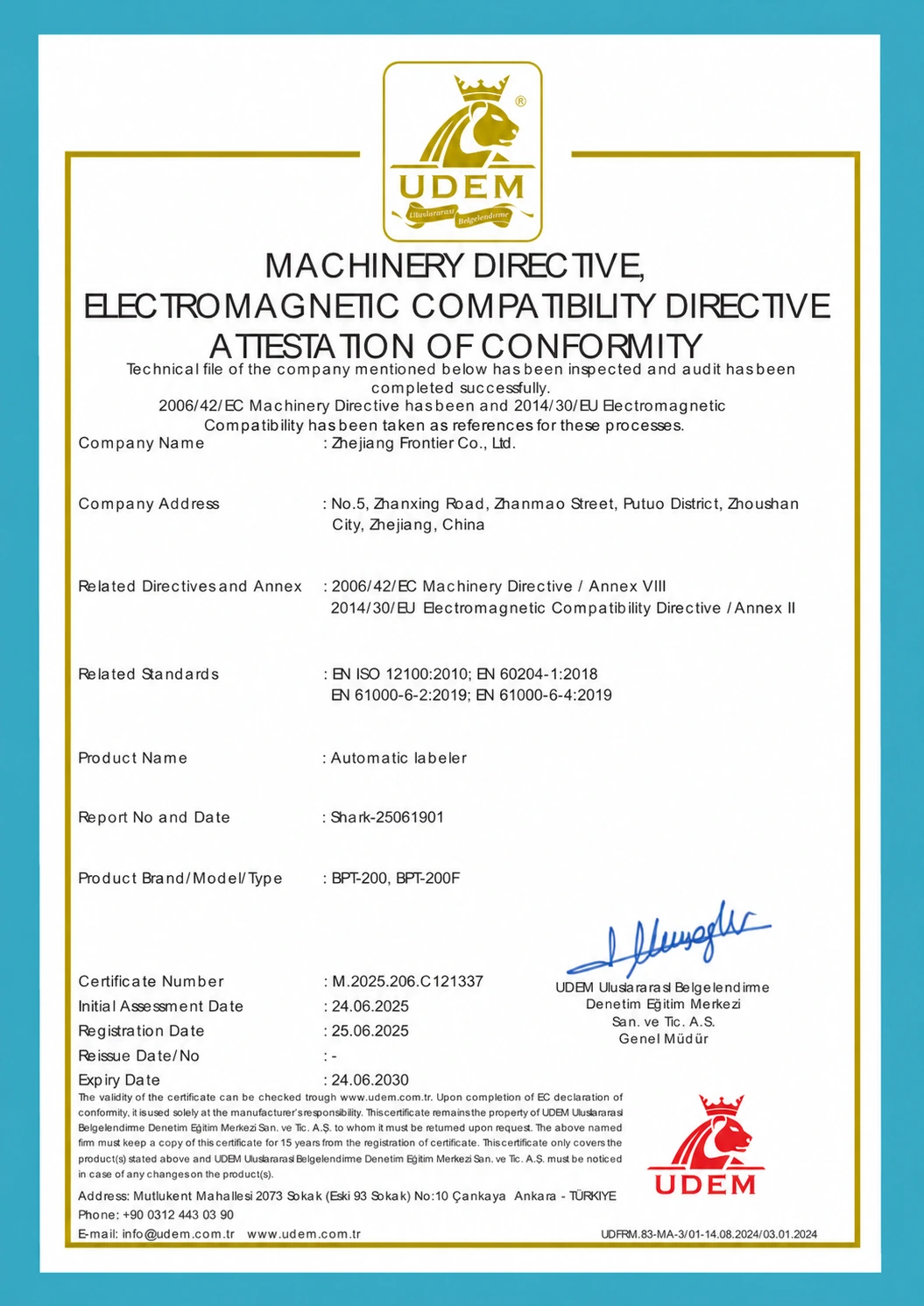 CE certificate for automatic labeler