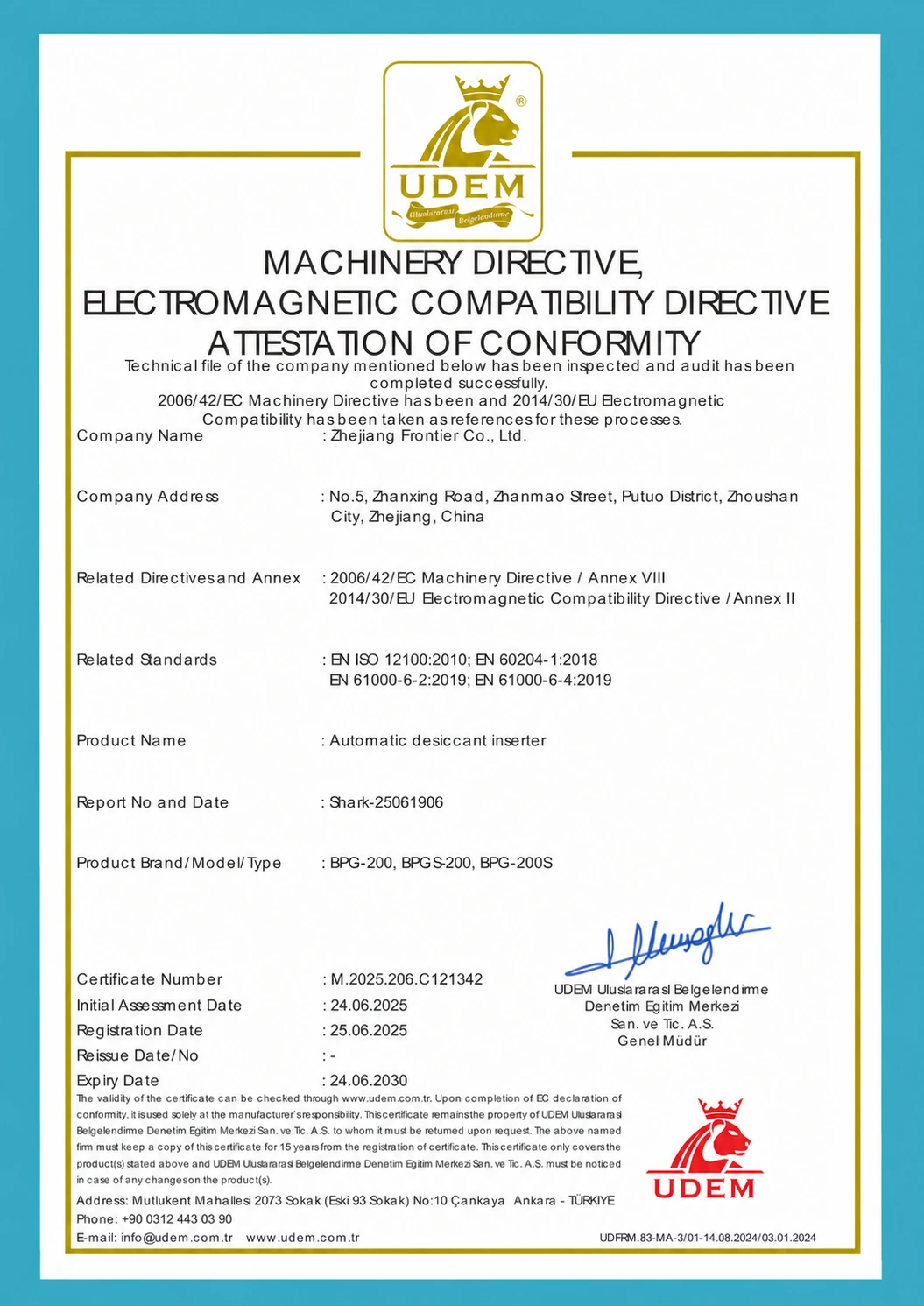 CE certificate for automatic desiccant inserter
